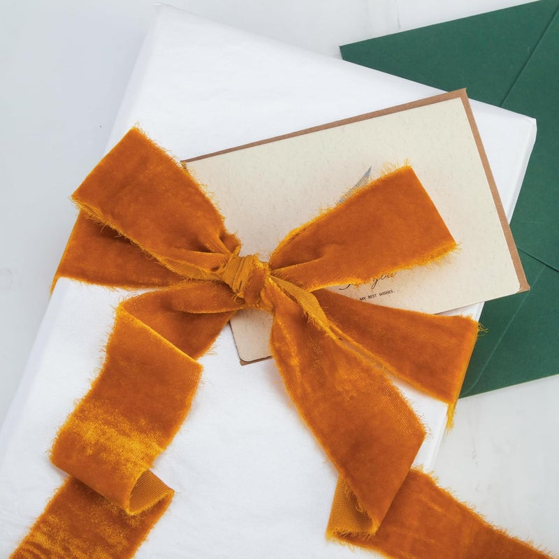 Keypan Orange Velvet Ribbon for 1-1/2 inch Wide Handmade Fringe Fabric Fall Terracotta Ribbons for Christmas Decorations, Baby Shower, Flower Bouquet Gift Wrapping - Image 4